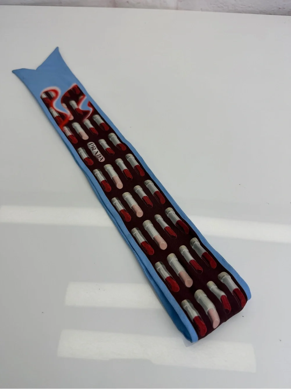 Prada Blue Lipstick Silk Scarf Tie Red Twilly